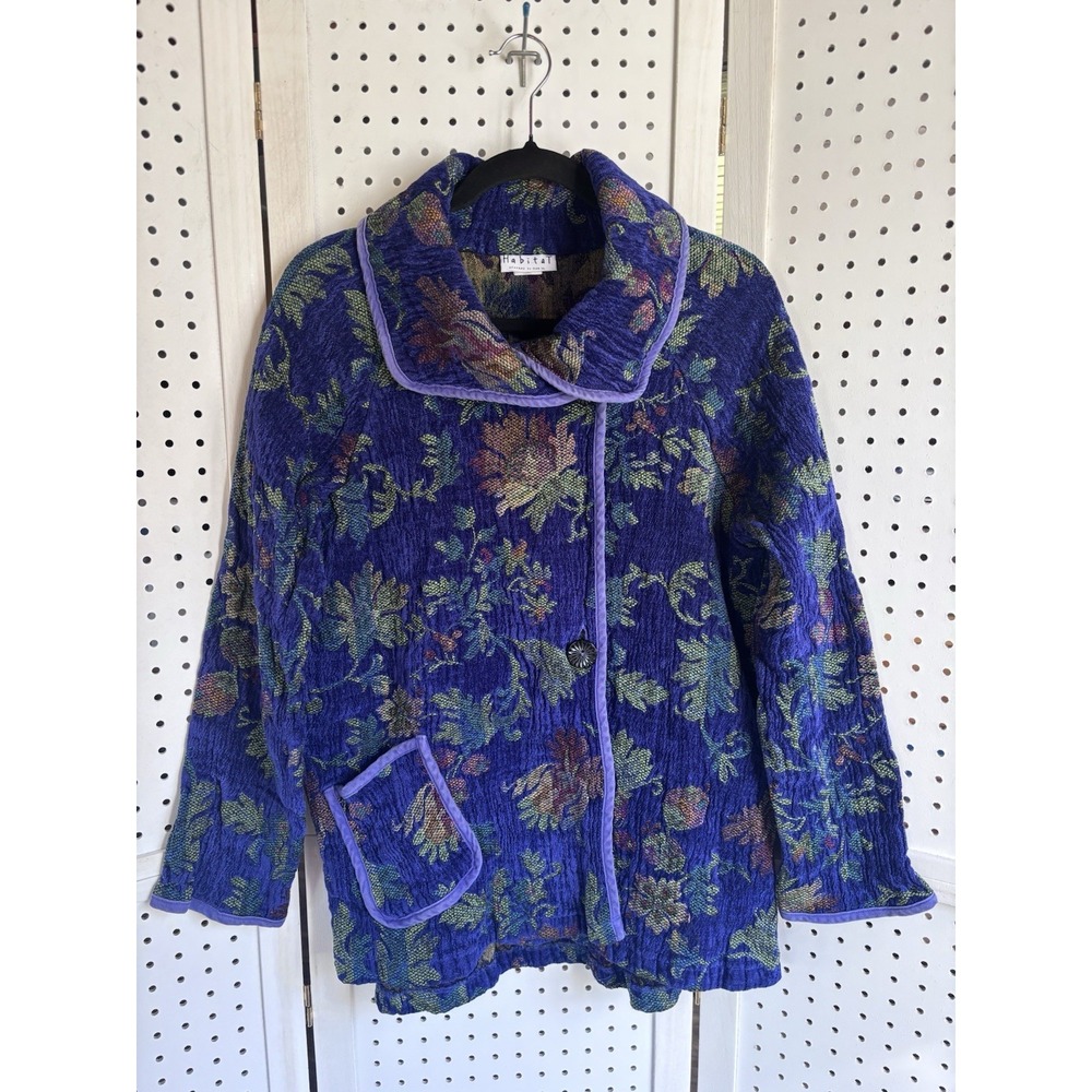 Habitat Tapestry Floral Jacket Button Women's Small Blue Rayon Poly USA